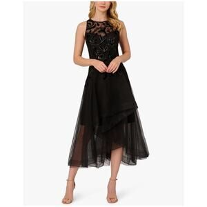 Adrianna Papell Halter Velvet Tulle Black Dress Plus Sz. 16 NWT Embroidered Chic